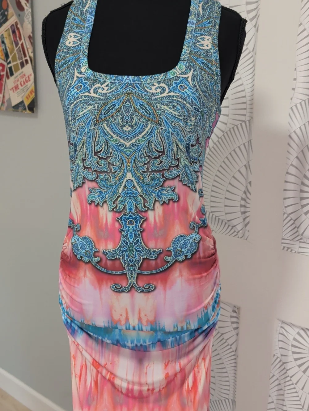VENUS Blue and Pink Tie-Dye Maxi Dress with Embellished Bodice